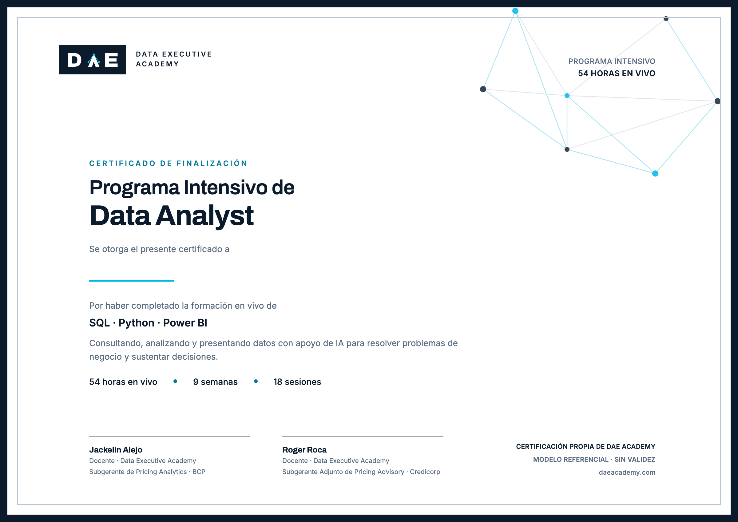 Modelo de certificado DAE de Data Analyst
